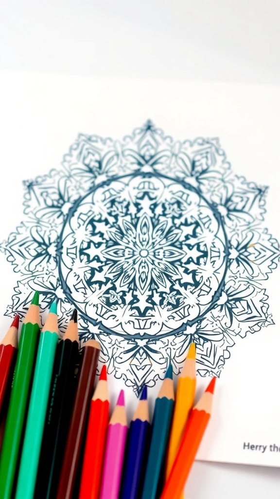 A detailed Christmas mandala coloring page with festive patterns, surrounded by coloring supplies.